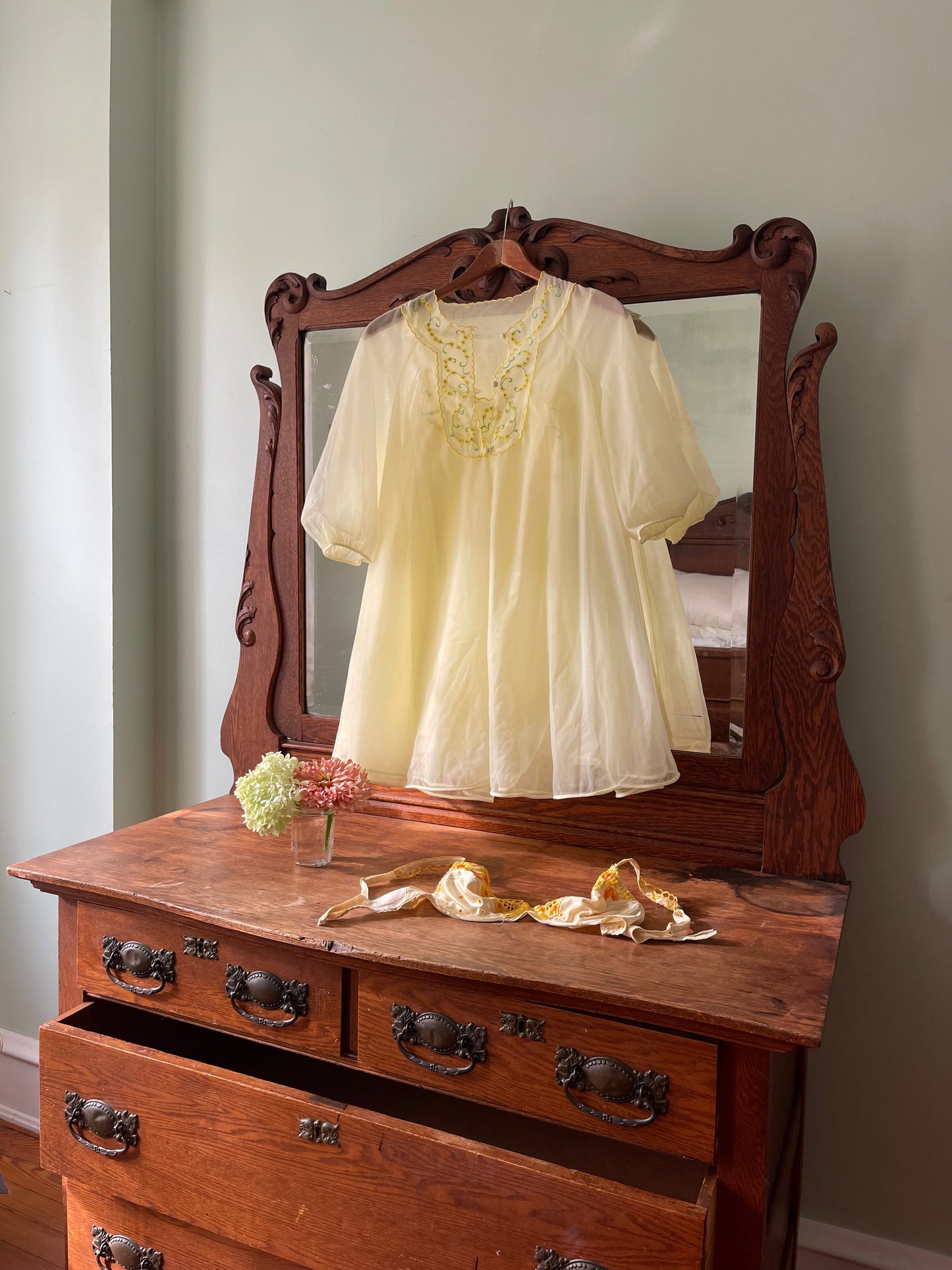 Vintage Yellow Chiffon Nightgown Set Size S