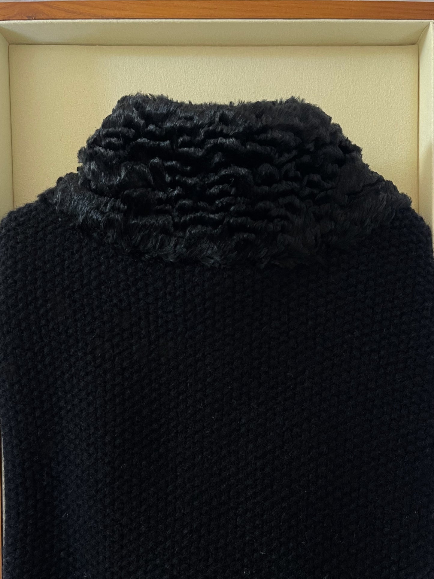 Ralph Lauren Black Cardigan with Woven Button Details and Soft Curly Wool Collar (NWT)