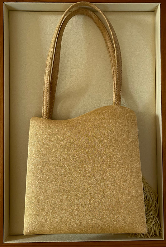 Gold Satin Evening Bag with Embroidered Details and Hanging Tassel
