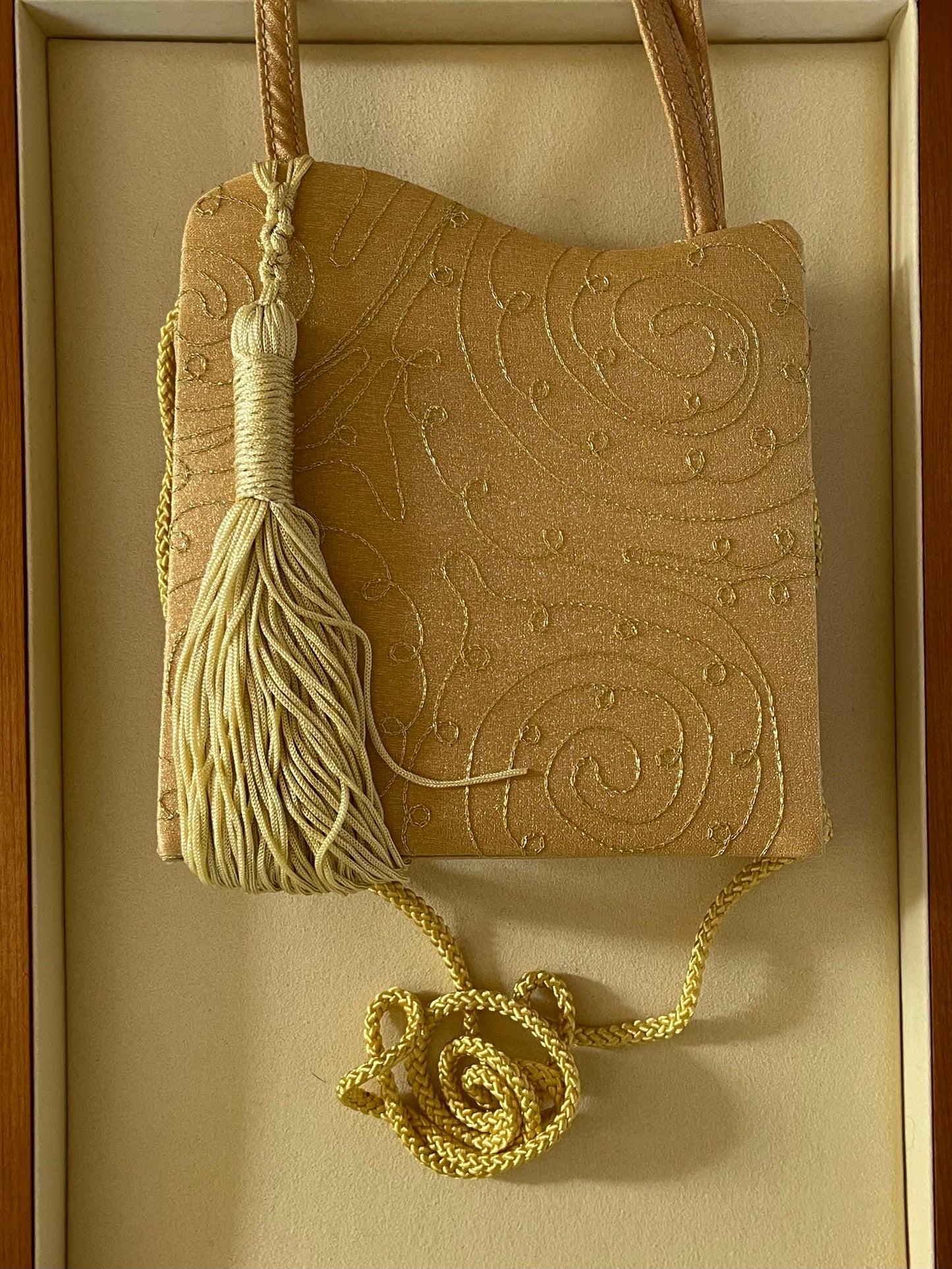 Gold Satin Evening Bag with Embroidered Details and Hanging Tassel