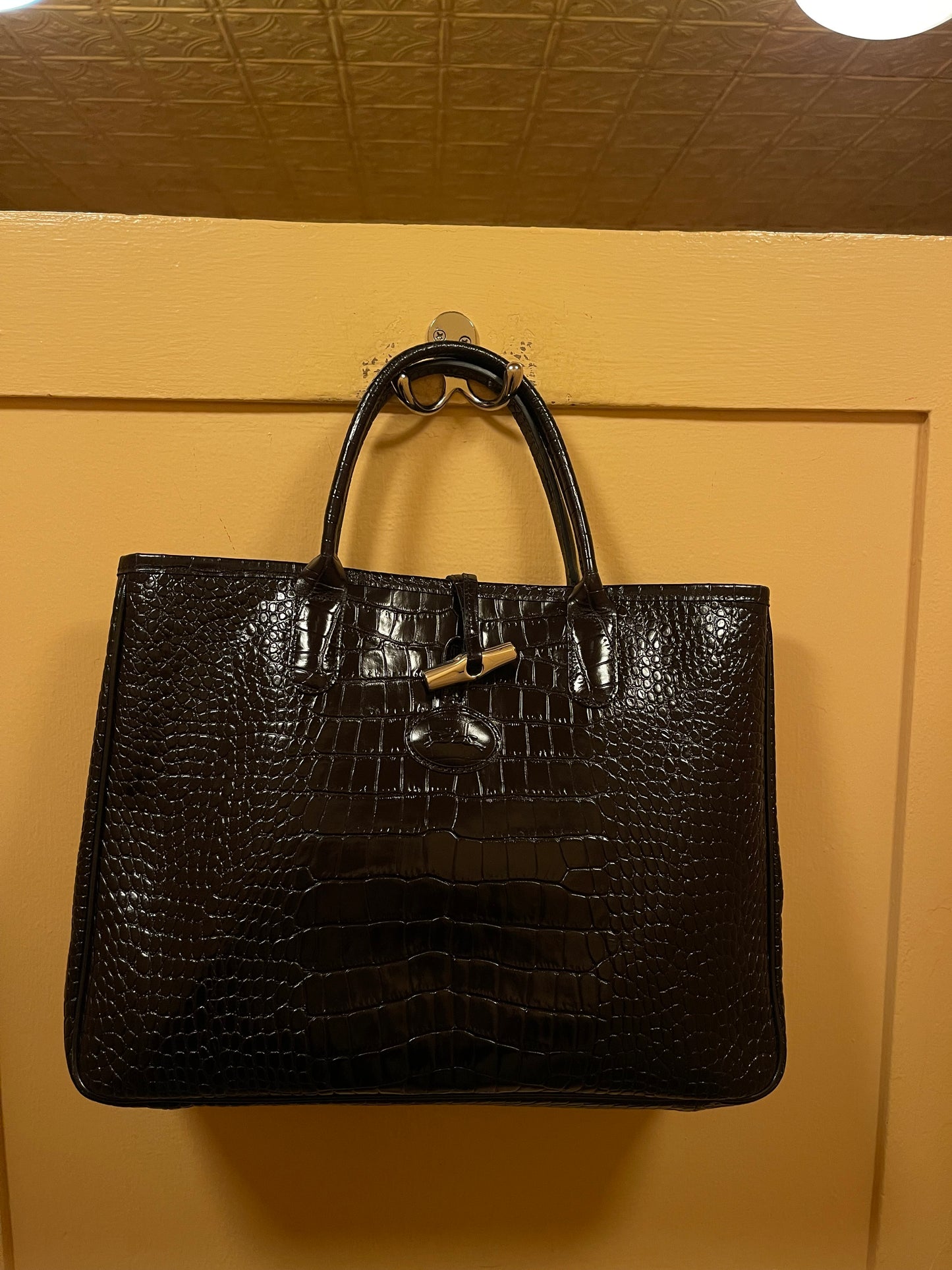 90s Longchamp Croc Embossed Leather Tote