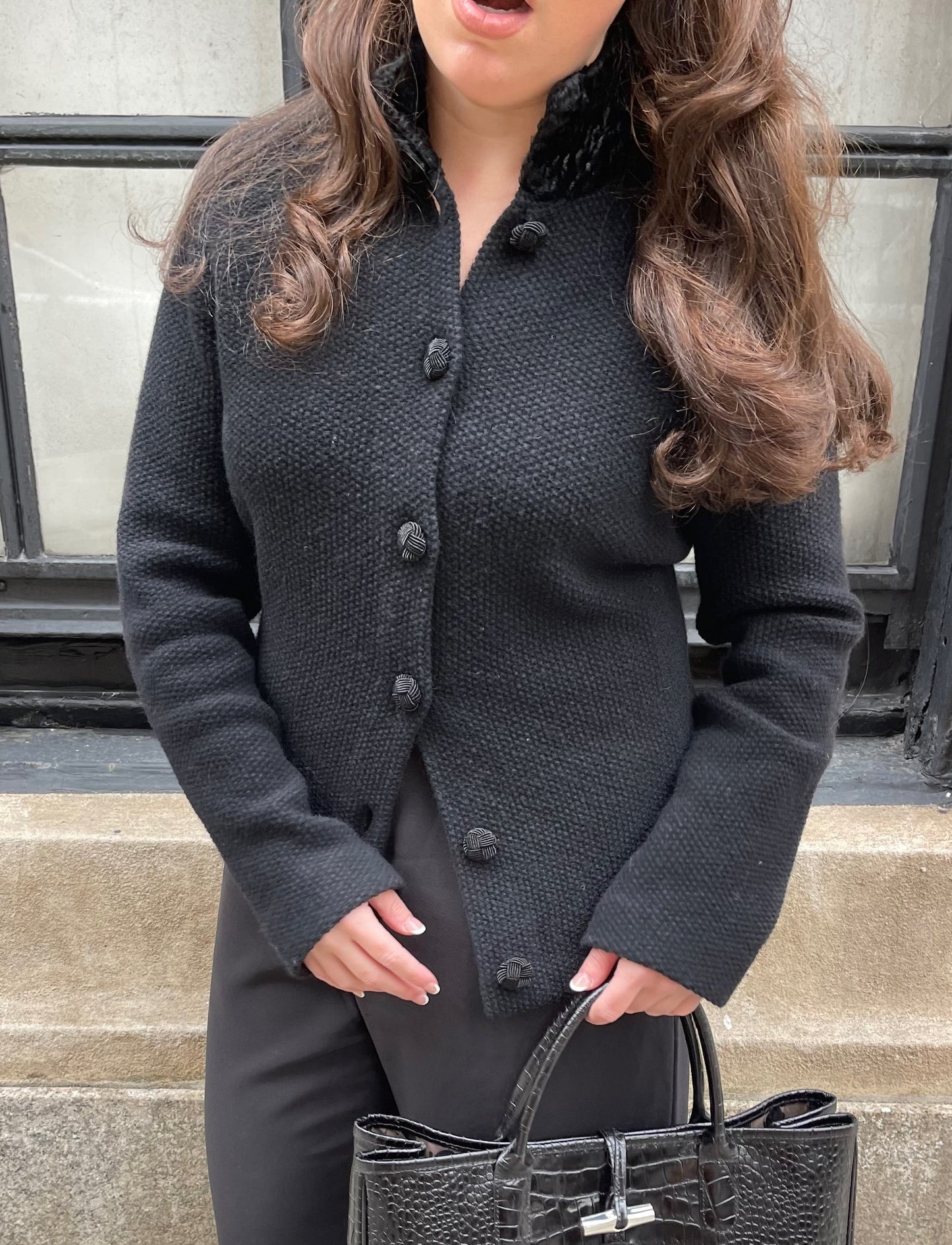 Ralph Lauren Black Cardigan with Woven Button Details and Soft Curly Wool Collar (NWT)