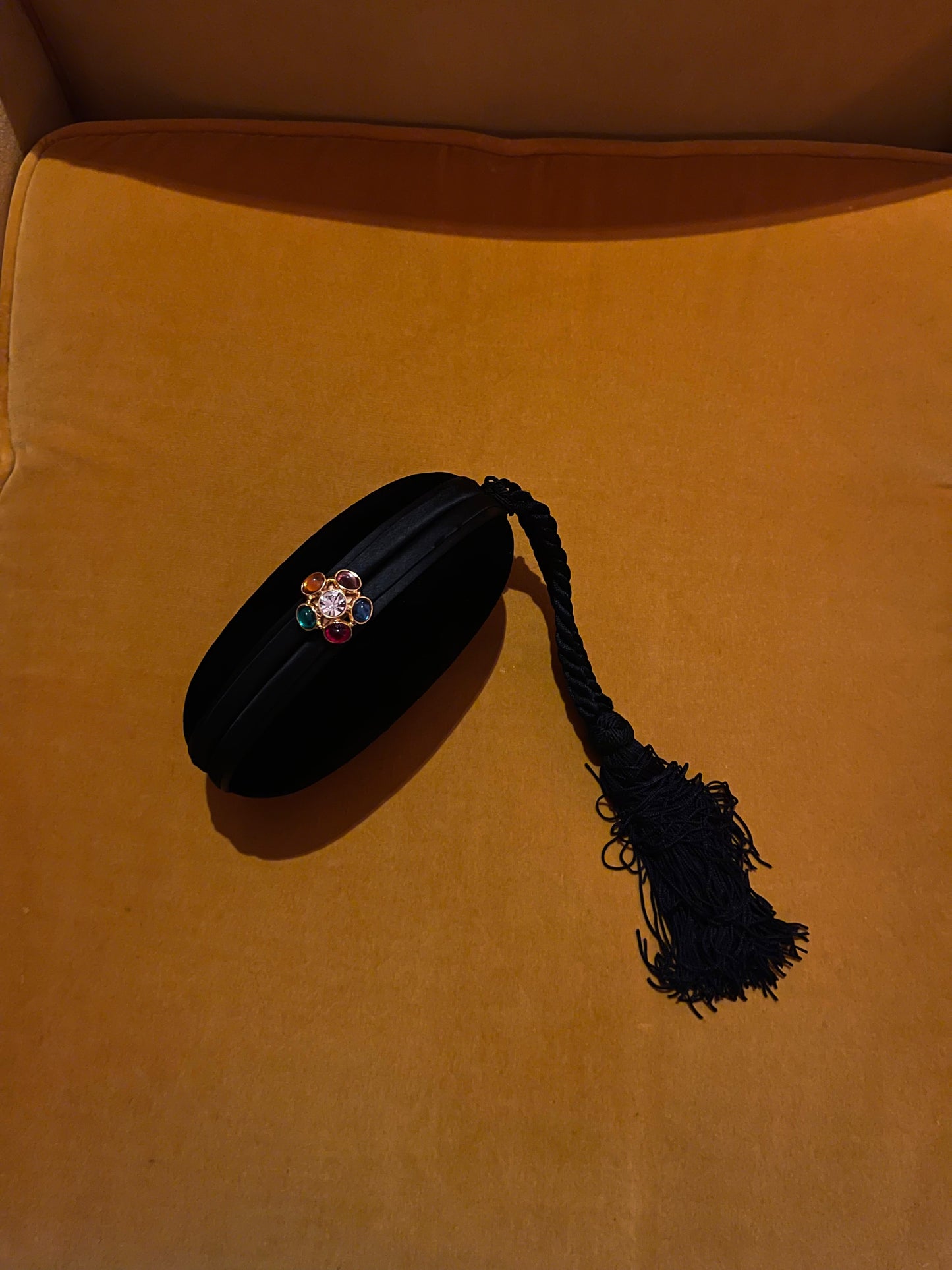Velvet Clutch with Tassel and Jewel Details