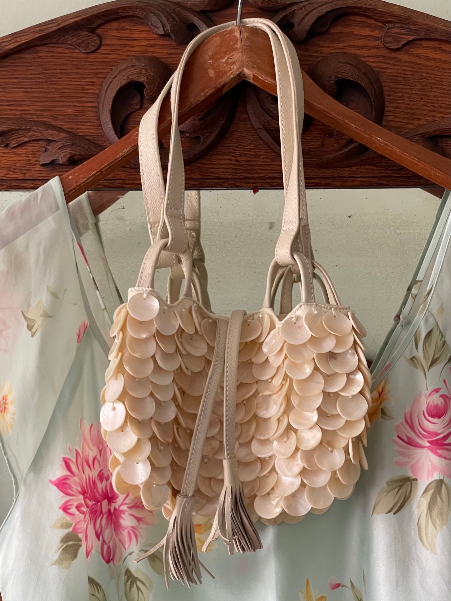 Vintage Shell Purse with Leather Straps and Fringe Tie Closure