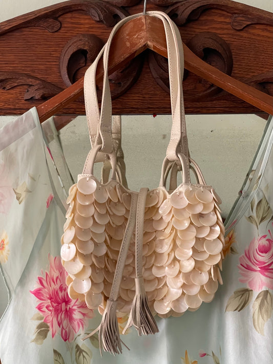 Vintage Shell Purse with Leather Straps and Fringe Tie Closure