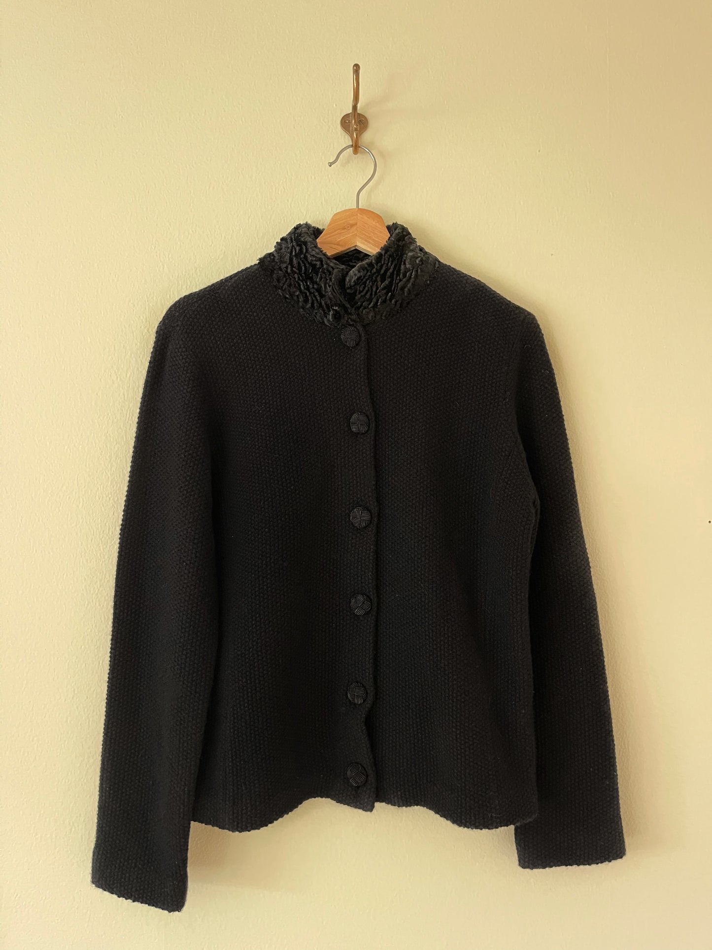 Ralph Lauren Black Cardigan with Woven Button Details and Soft Curly Wool Collar (NWT)