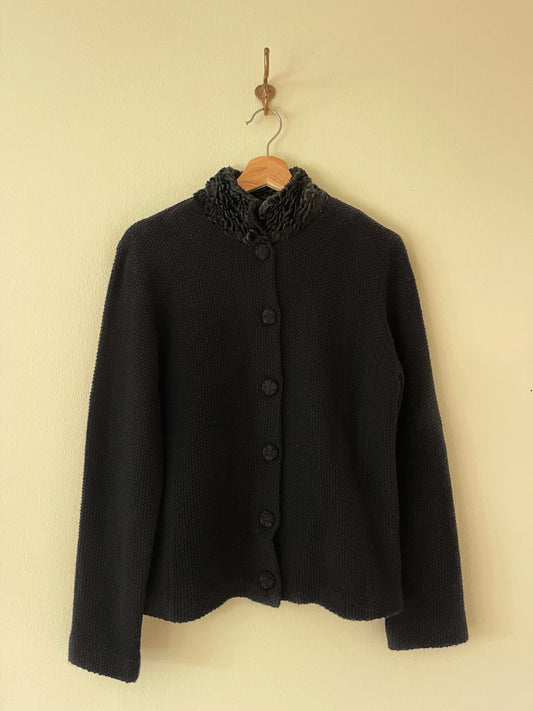 Ralph Lauren Black Cardigan with Woven Button Details and Soft Curly Wool Collar (NWT)