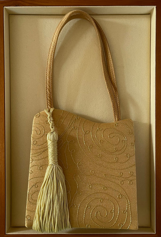 Gold Satin Evening Bag with Embroidered Details and Hanging Tassel