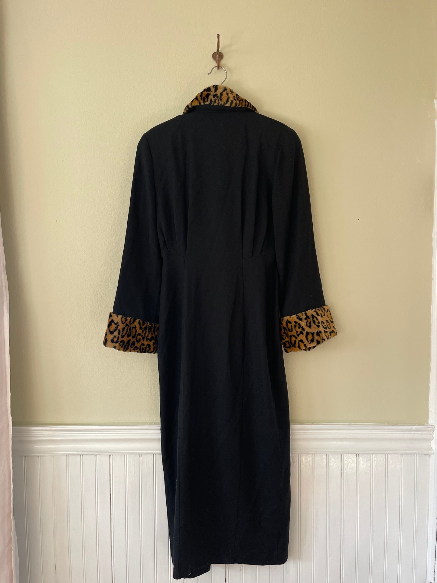 Black Coat with Leopard Faux Fur Trim