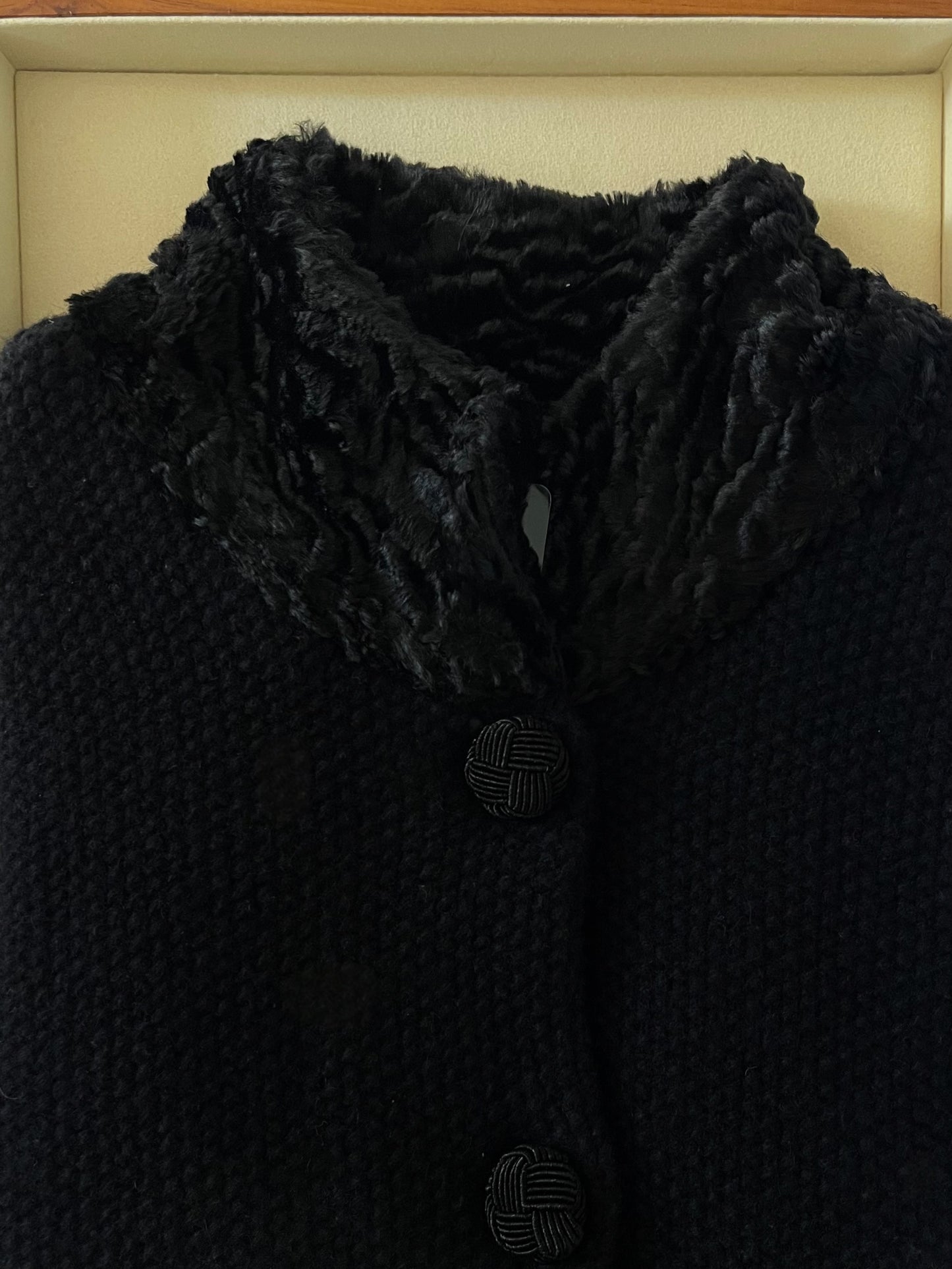 Ralph Lauren Black Cardigan with Woven Button Details and Soft Curly Wool Collar (NWT)