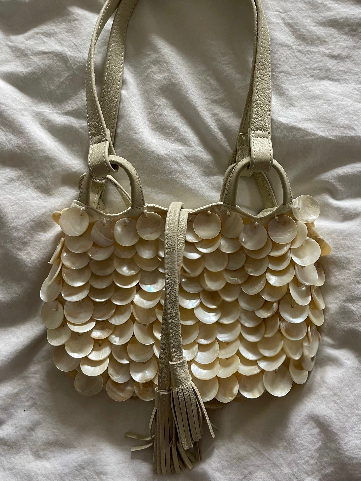 Vintage Shell Purse with Leather Straps and Fringe Tie Closure