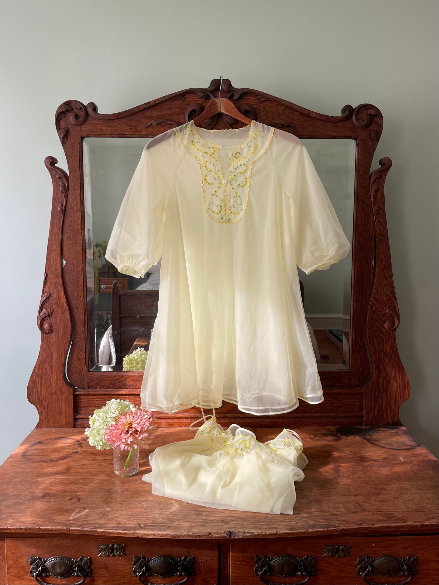 Vintage Yellow Chiffon Nightgown Set Size S
