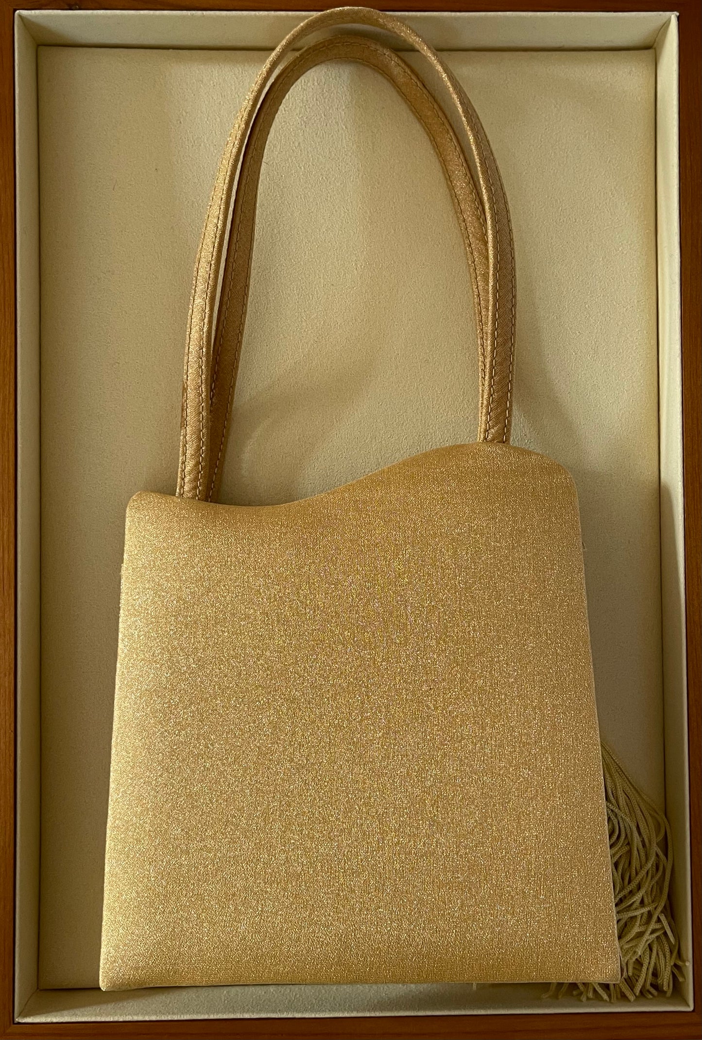 Gold Satin Evening Bag with Embroidered Details and Hanging Tassel