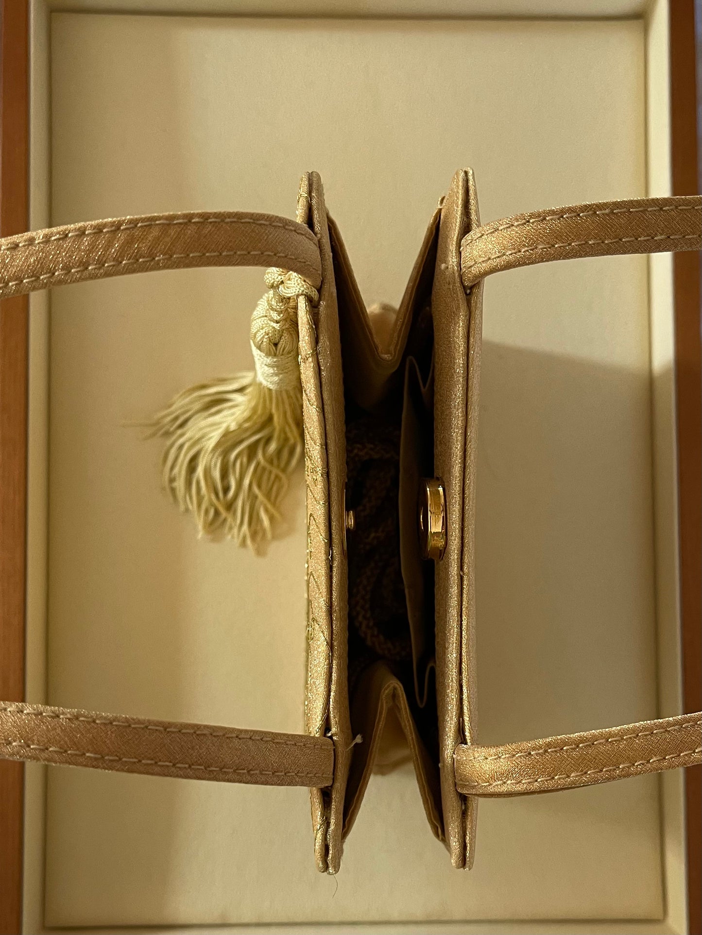 Gold Satin Evening Bag with Embroidered Details and Hanging Tassel