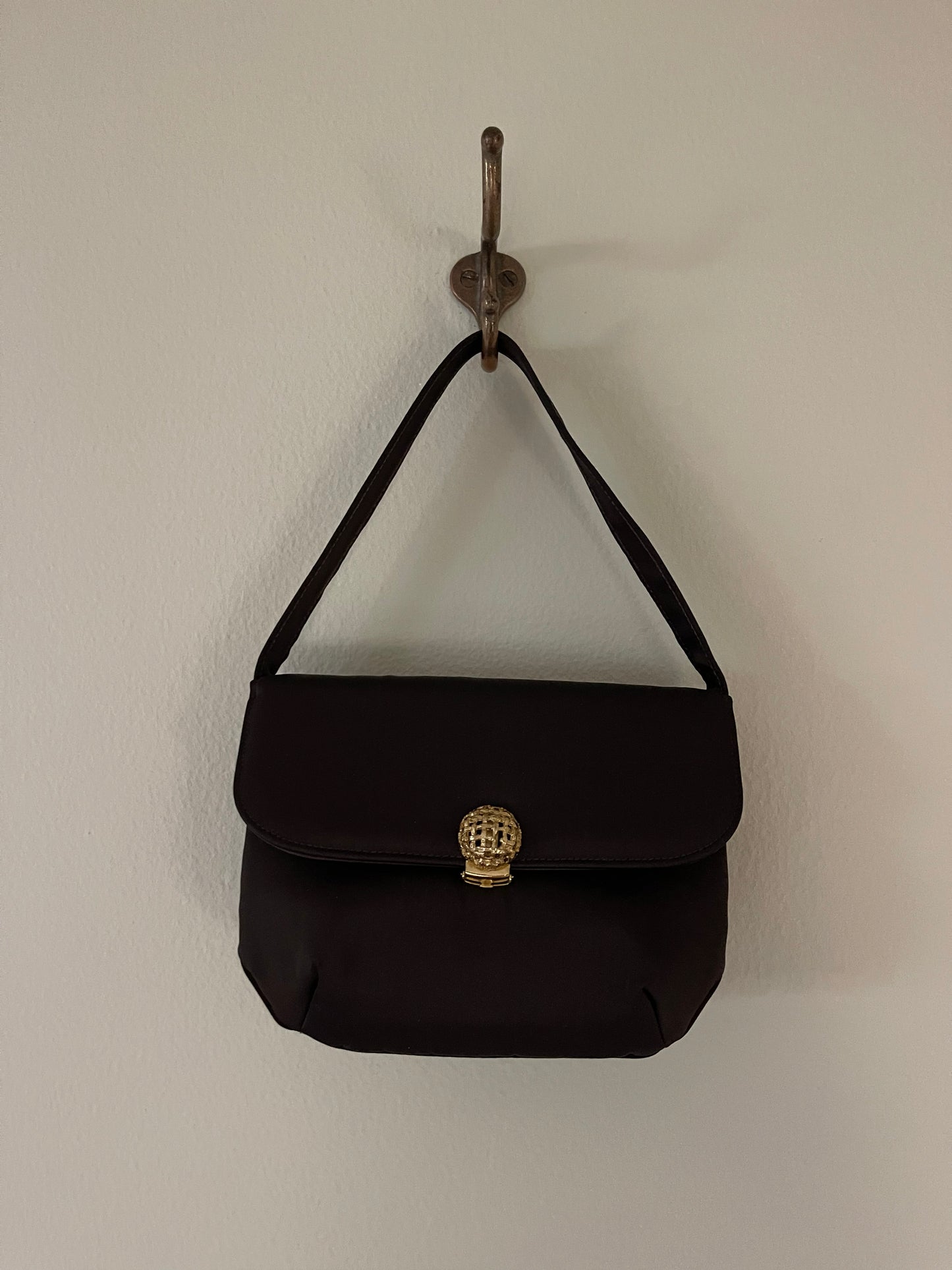 Vintage Brown Satin Evening Bag with Gold Snap Closure Detail