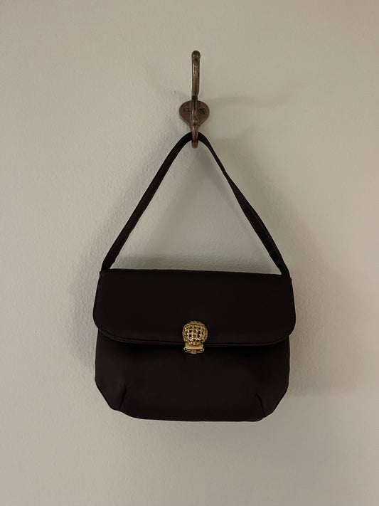 Vintage Brown Satin Evening Bag with Gold Snap Closure Detail