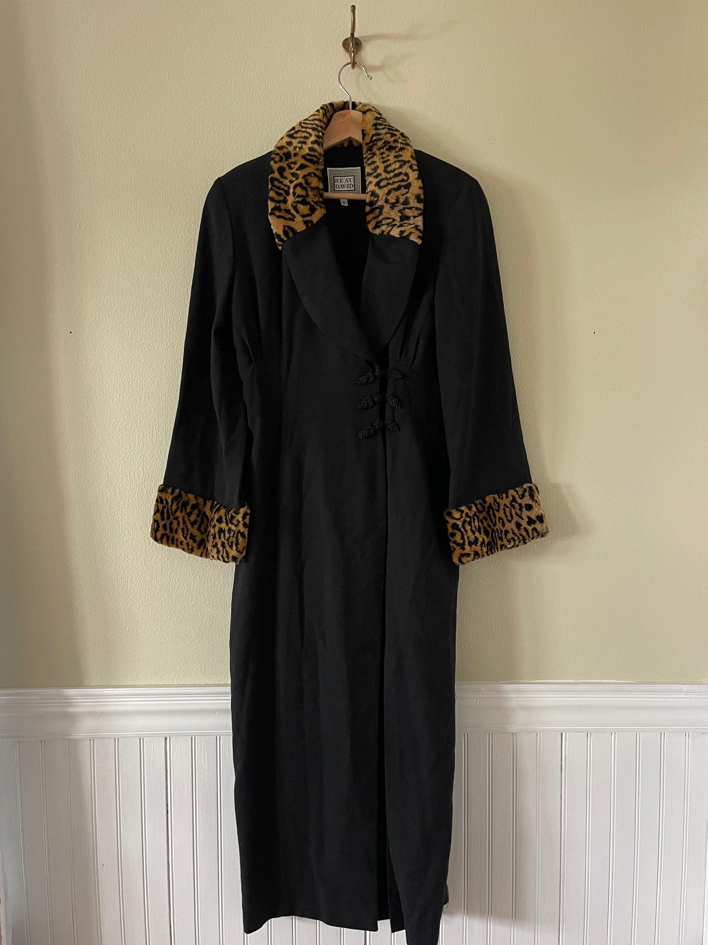Black Coat with Leopard Faux Fur Trim