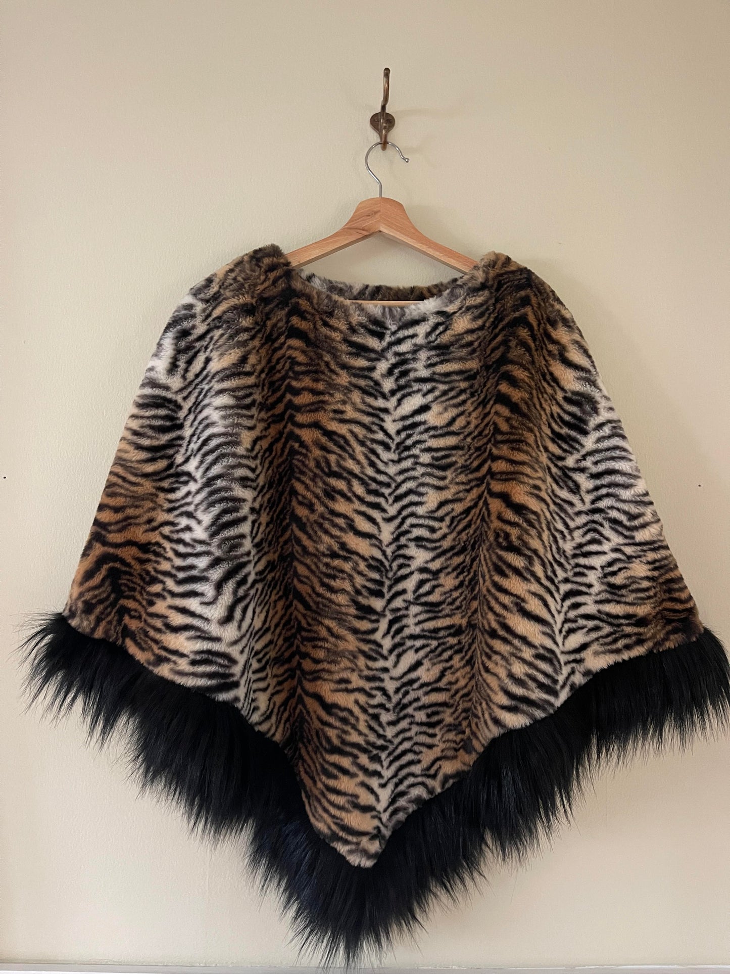 Vintage Tiger Print Faux Fur Cape with Black Faux Fur Trim