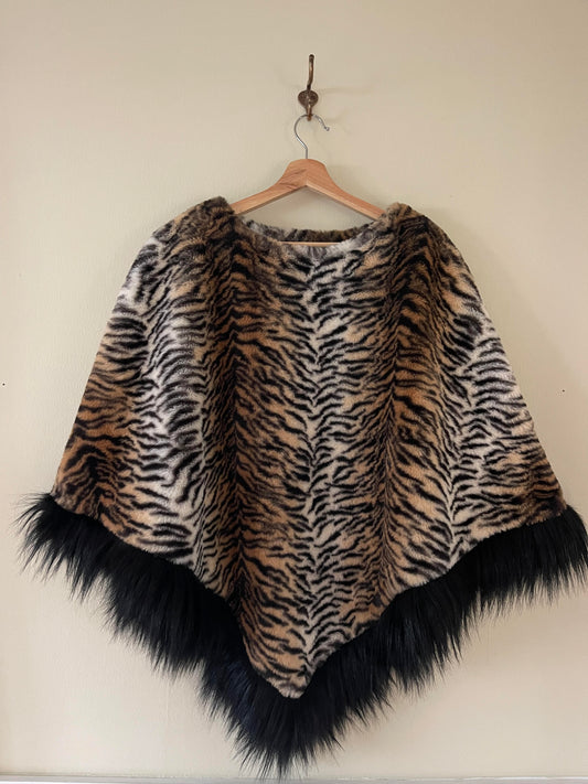 Vintage Tiger Print Faux Fur Cape with Black Faux Fur Trim